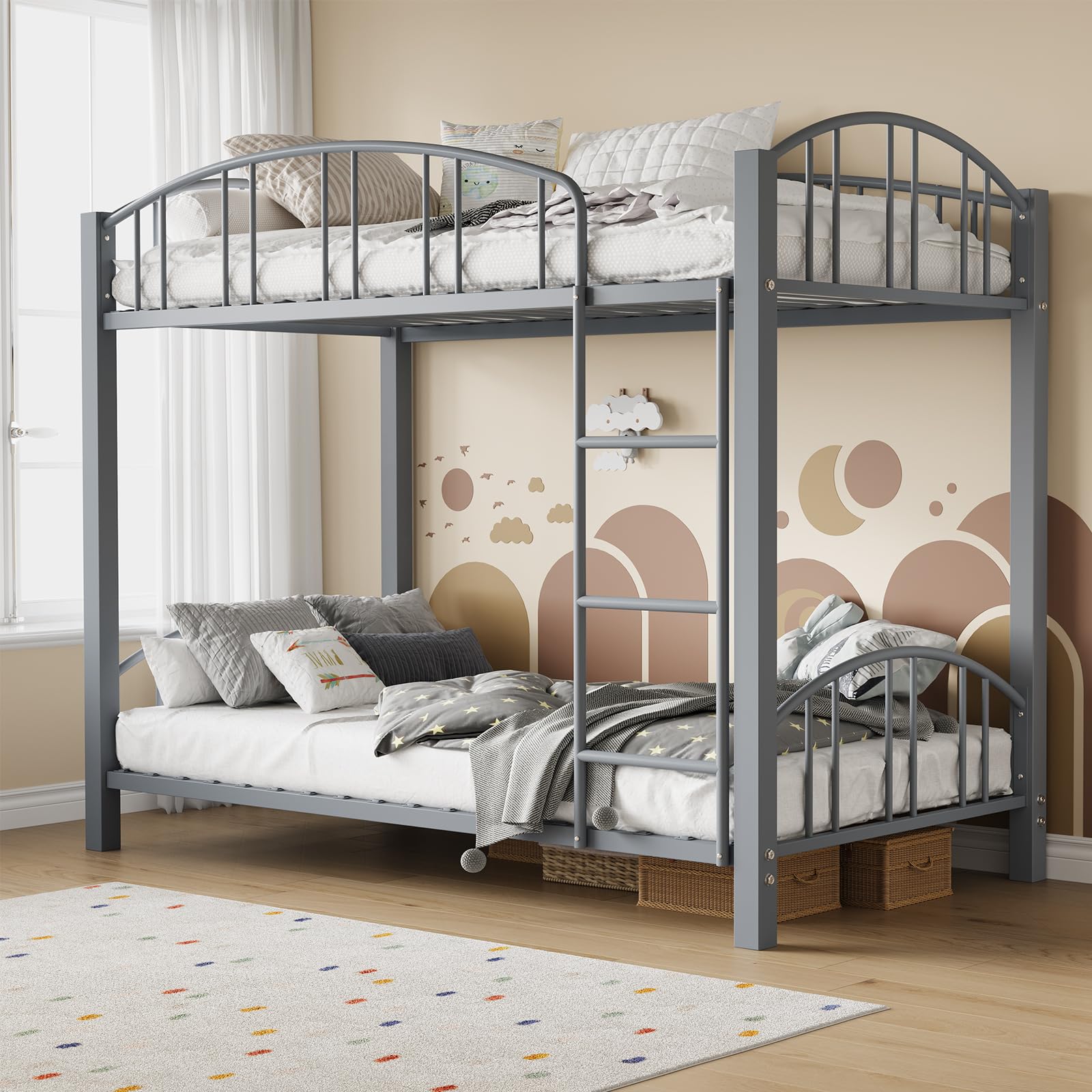 Photo 1 of Twin Over Twin Metal Bunk Bed with Safety Guardrail & Ladder, Heavy Duty Steel Frame, Space Saving Kids Bunkbed for Boys, Girls, No Box Spring Needed