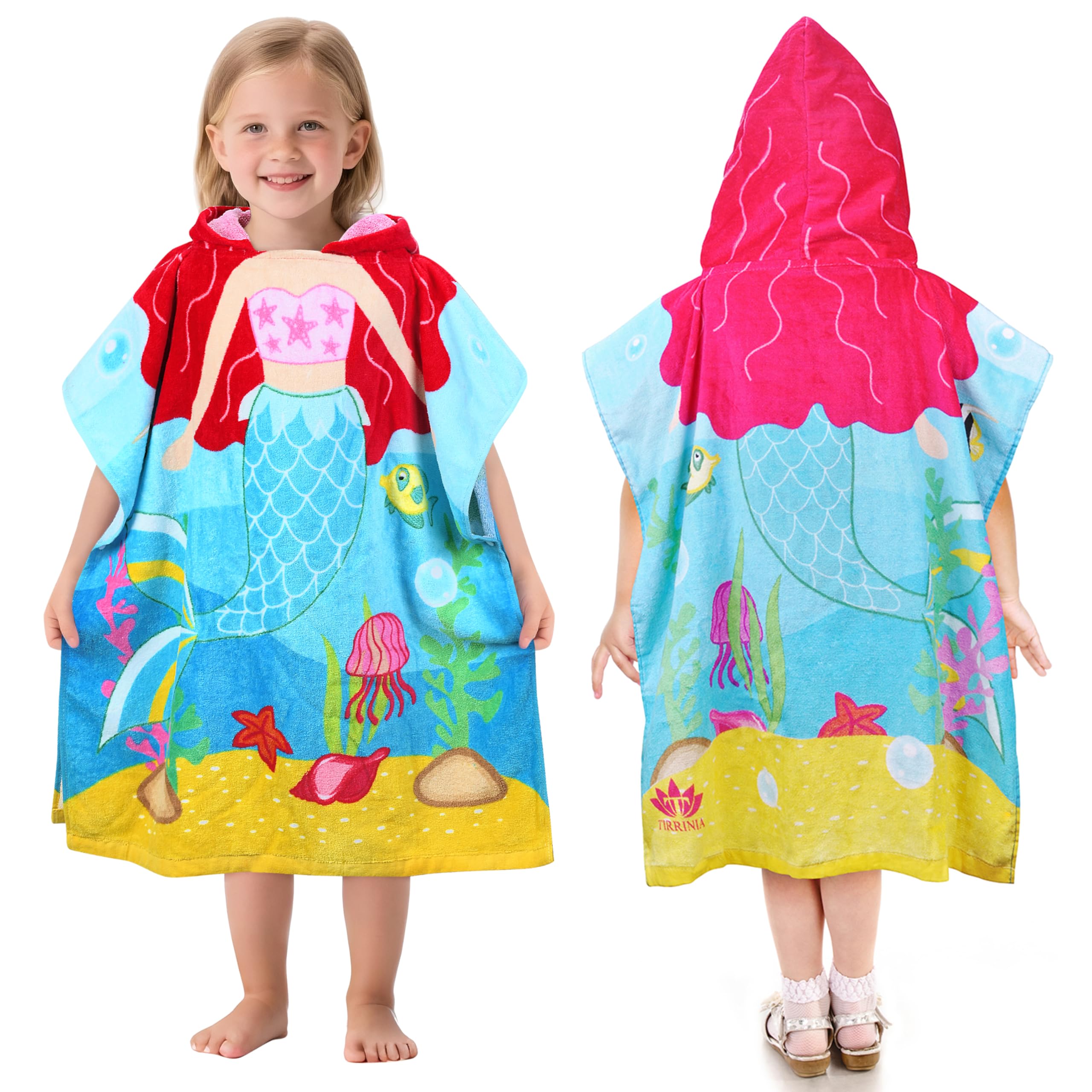 Kato Tirrinia Mermaid Poncho Towels for Child, Surf Beach Bath Swim Hooded Towels for 2-7 Years Girls Toddler Gift,100% Cotton Multicolor