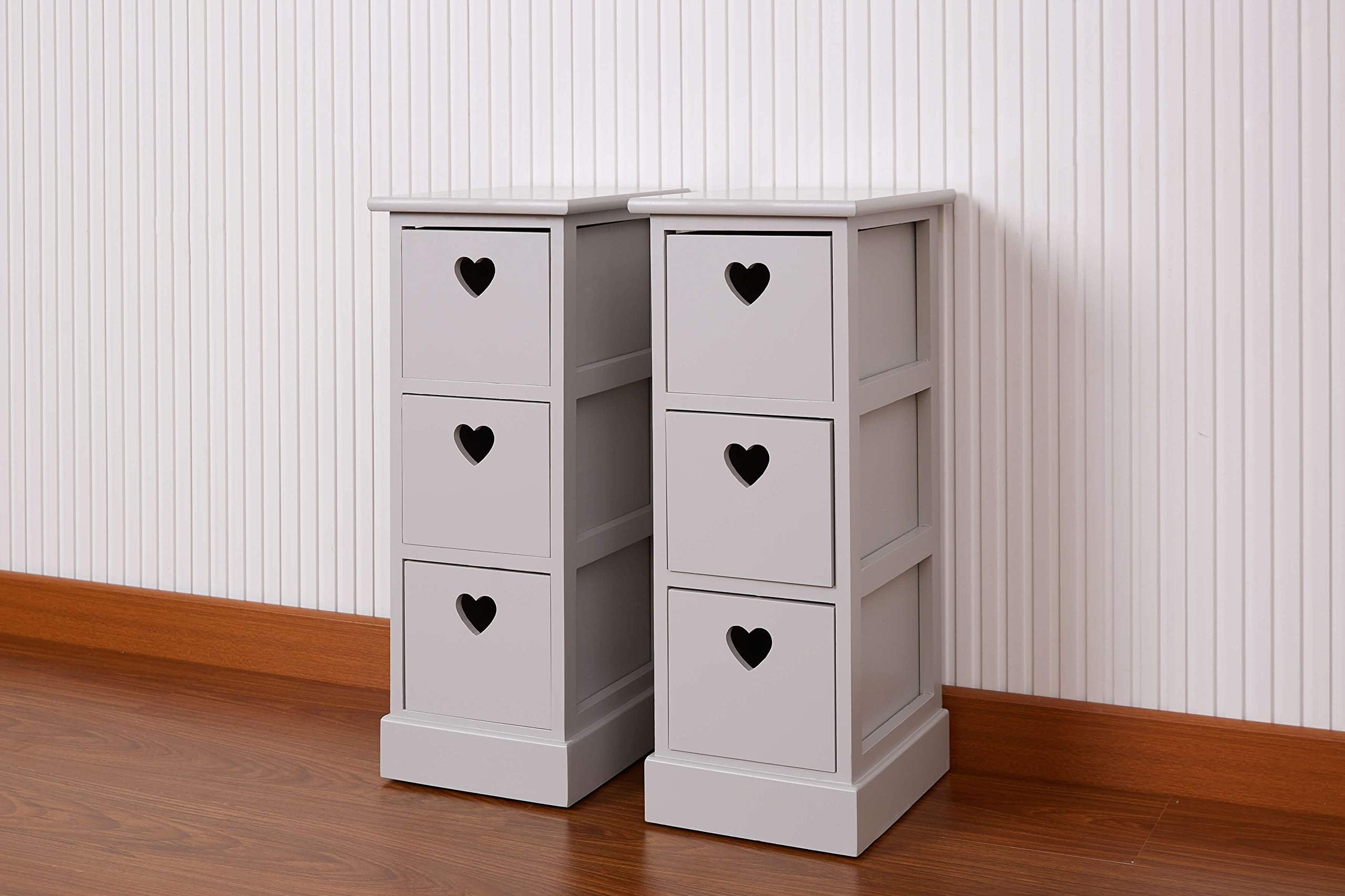 Pair Bedside Units Grey 3 Drawer Heart Cutout Chest Cabinets Side Tables