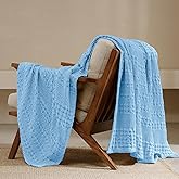 PHF 100% Cotton Waffle Weave Throw Blanket, Soft Lightweight Breathable Cozy Throws for Couch Bed Sofa, Luxury Aesthetic Blanket Gift for Home Decor & Office, 50"x60", Airy Blue