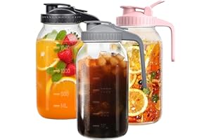 RIGHTLED 64oz Large Mason Jar Pitcher with Lid, 2 Quart Glass Tea Pitchers for Fridge, Leak-proof Coffee Dispenser,Heavy Duty Water Container for Sun Tea,Cold Brew Juice,Breastmilk Storage(Black+Gray+Pink）