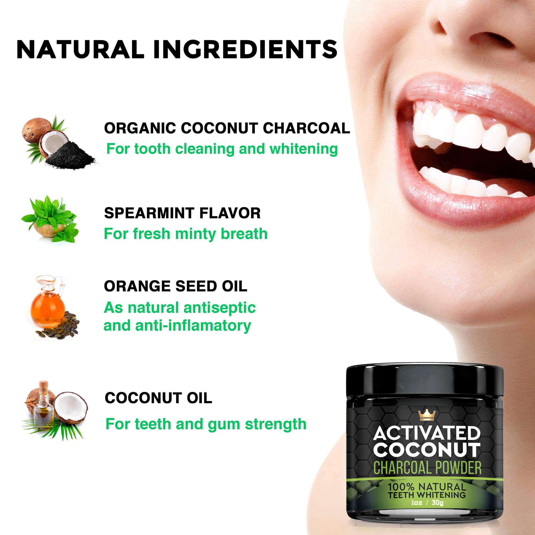 Natural Charcoal Teeth Whitening Powder - Coconut Activated Charcoal - Best Tooth Whitener For Sensitive Teeth - Naturally Whitens Teeth - mint flavor for fresh breath