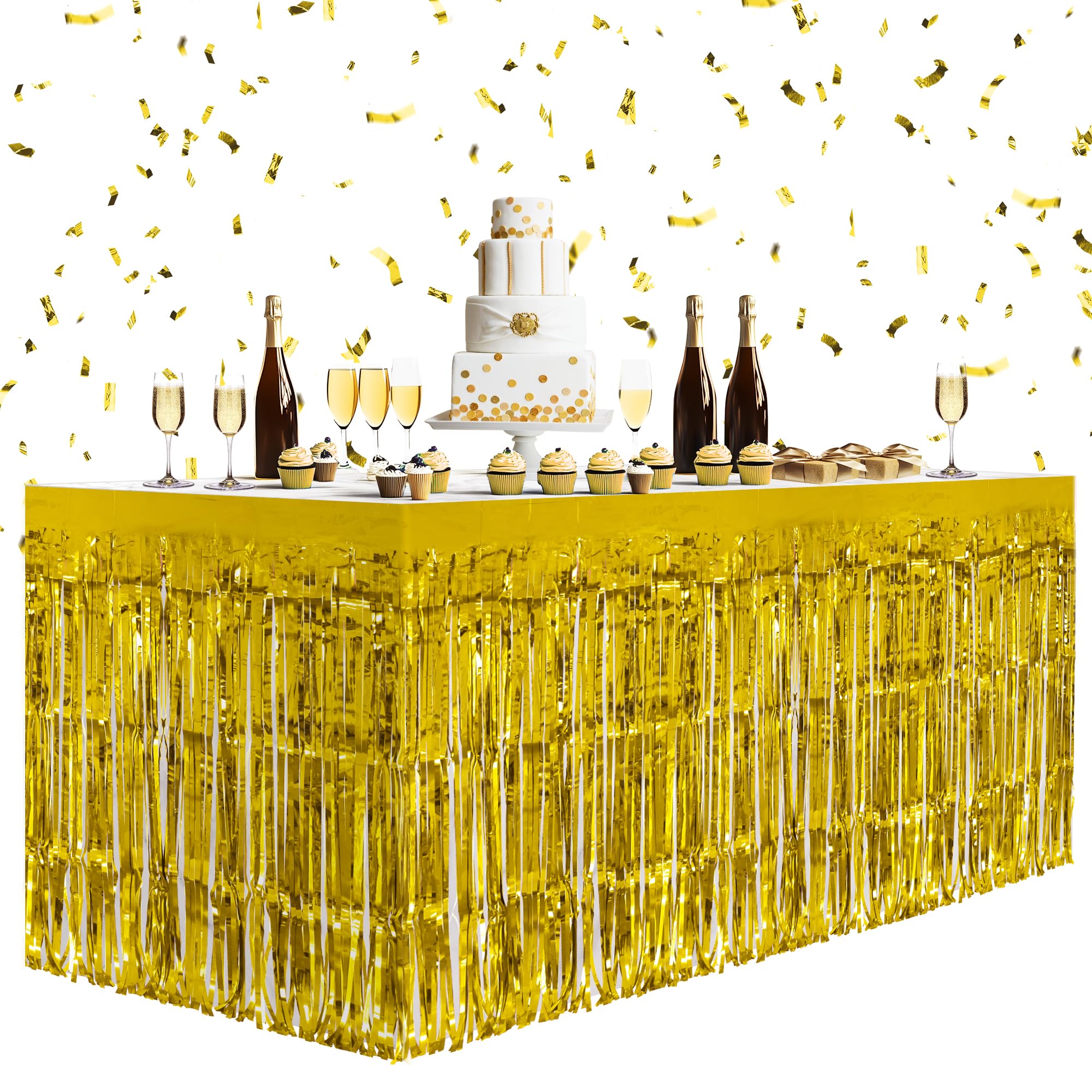 Photo 1 of 2 Pack Gold Table Skirts, 29x108" Metallic Foil Tinsel Fringe Table Skirts for Rectangle Tables Streamer Curtains Backdrop, Party Decorations for Birthdays Weddings Holidays