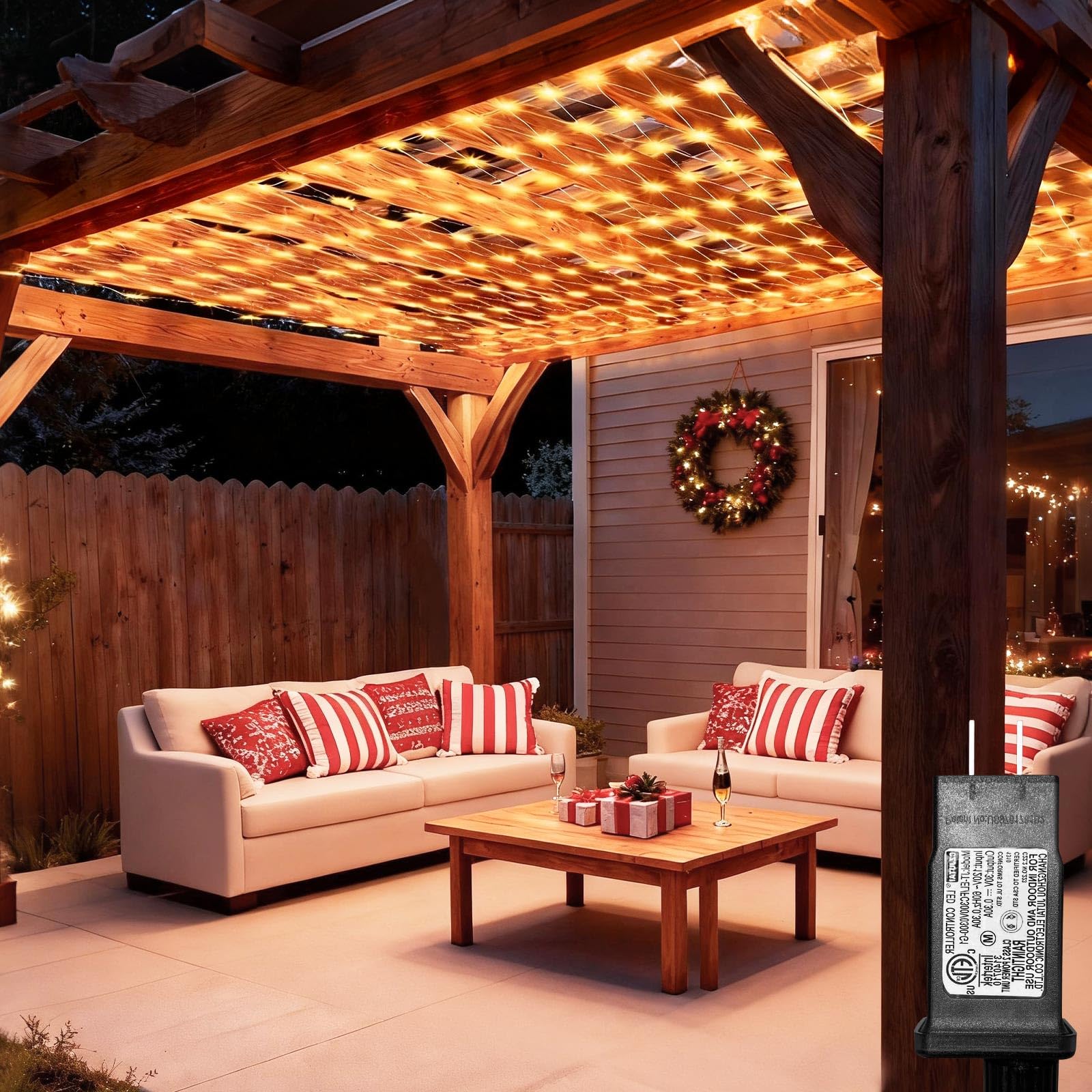 Photo 1 of 6.6ft x 6.6ft Christmas Net Lights, 160LED Gazebo Mesh Lights Outdoor 8 Modes Timer, Waterproof Connectable String Lights Clear Wire for Bushes Patio Pergolas Garden Holiday Party - Warm White