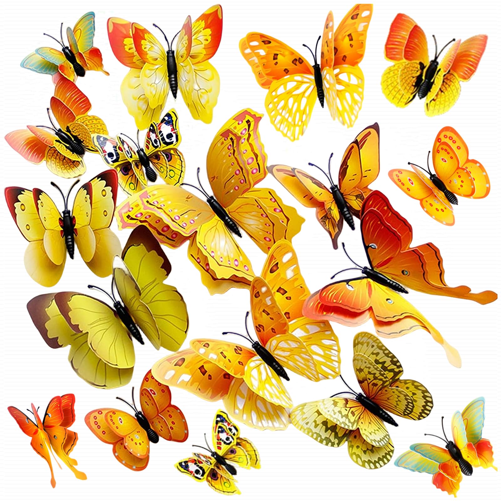 24PCS 3D Butterfly Wall Sticker Decor,3D Butterflies Stickers for Party Decorations with Magnets and Gum Removable and Reusable (Yellow)