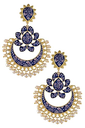 Amrapali Malya Gold Plated Blue Enamelled Lotus Pearl Drops Earrings for Women (BM(EER)17-58)