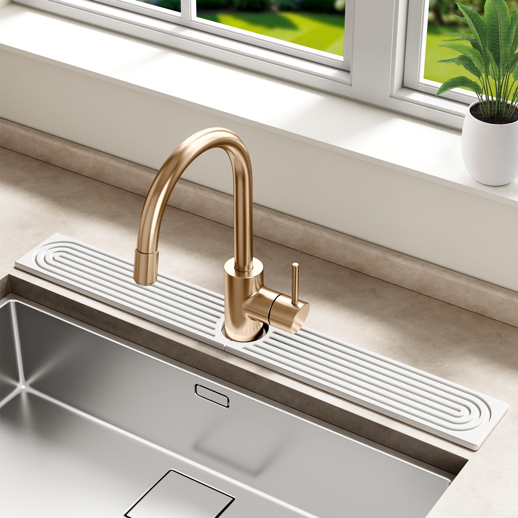 Photo 1 of MAGKOTA Stone Faucet Mat for Kitchen Sink - Quick Dry Diatomite Sink Splash Guard, Prevents Moisture Buildup & Water Stains, Water Absorbing Stone Tray for Bathroom Countertop (White, 30" x 4")