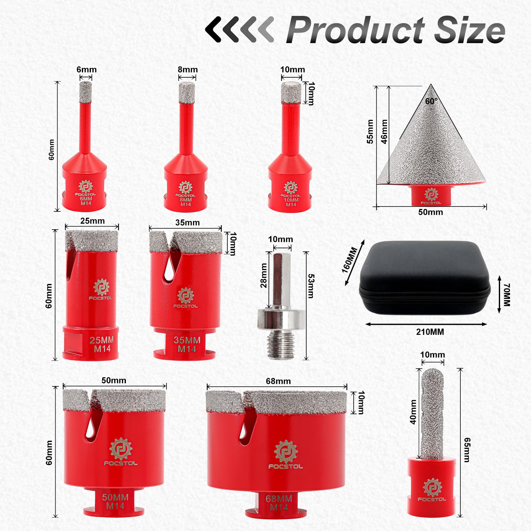 FOCSTOL Diamant Fliesenbohrer Set - 10 Stück (6/6/8/25/35/50/68mm+10mm Fingerfräser+50mm Fasenbohrer+Adapter) Diamant Lochsäge Set M14 Gewinde für Porzellan Keramik Fliesen Marmor Granit 2