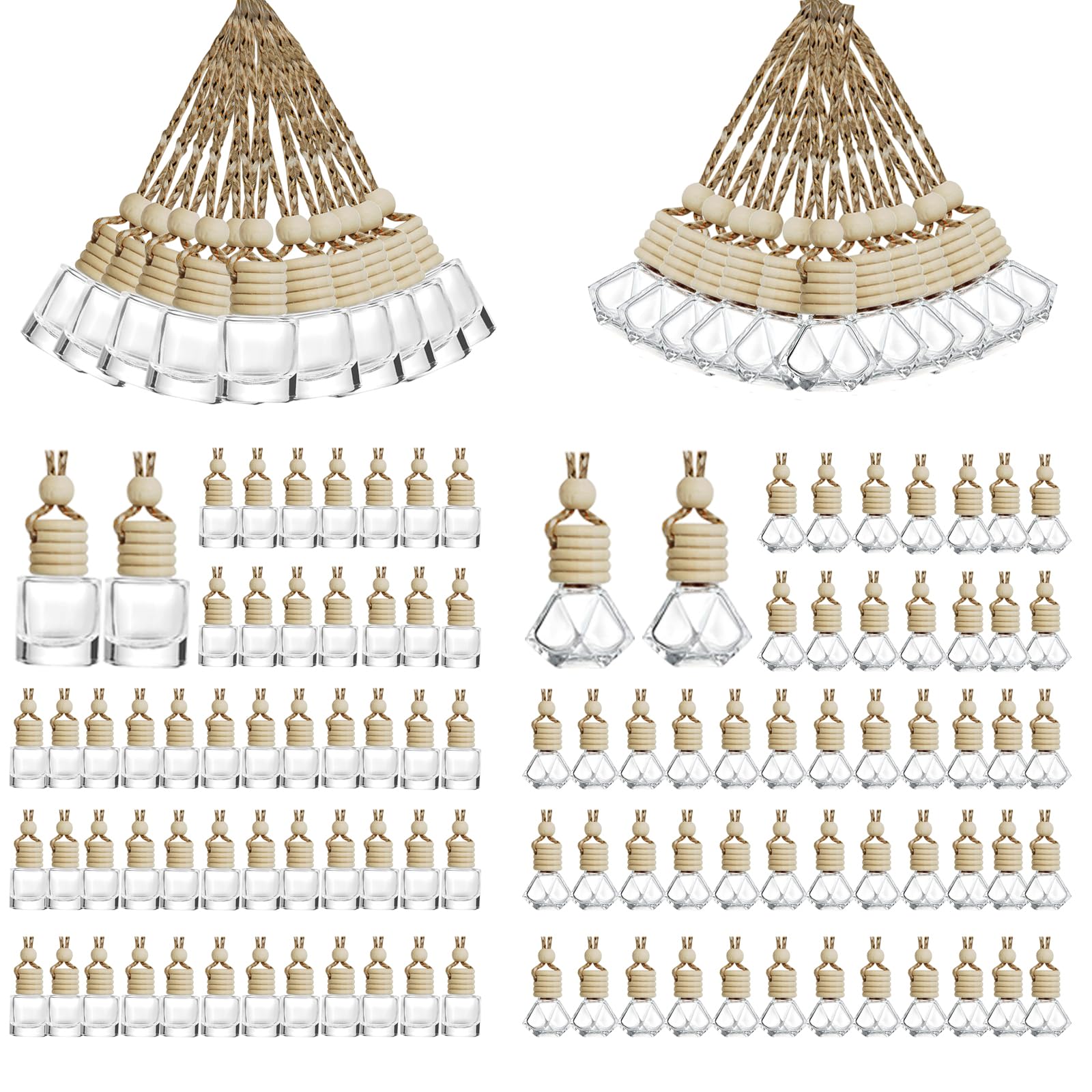 Photo 1 of 100pcs 8ml Hanging Car Air Freshener Diffuser Car Diffuser Bottles,Empty Refillable Clear Glass Essential Oil Fragrance Perfume Pendant Glass Vials with Wooden Caps Car Diffuser Air Freshener
