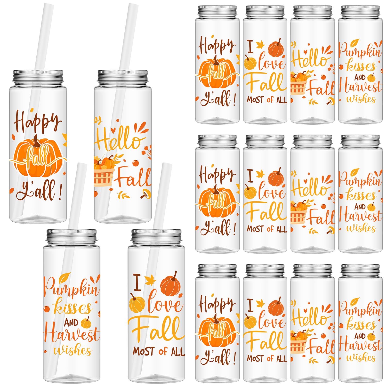 Photo 1 of 16 Pcs Fall Plastic Cups with Lid and Straw Fall Tumblers 14.2 oz Pumpkin Plastic Cups Reusable Autumn Party Drinking Cups Fall Coffee Tumbler Thanksgiving Drinking Cups for Coffee Drinks Beer Juice