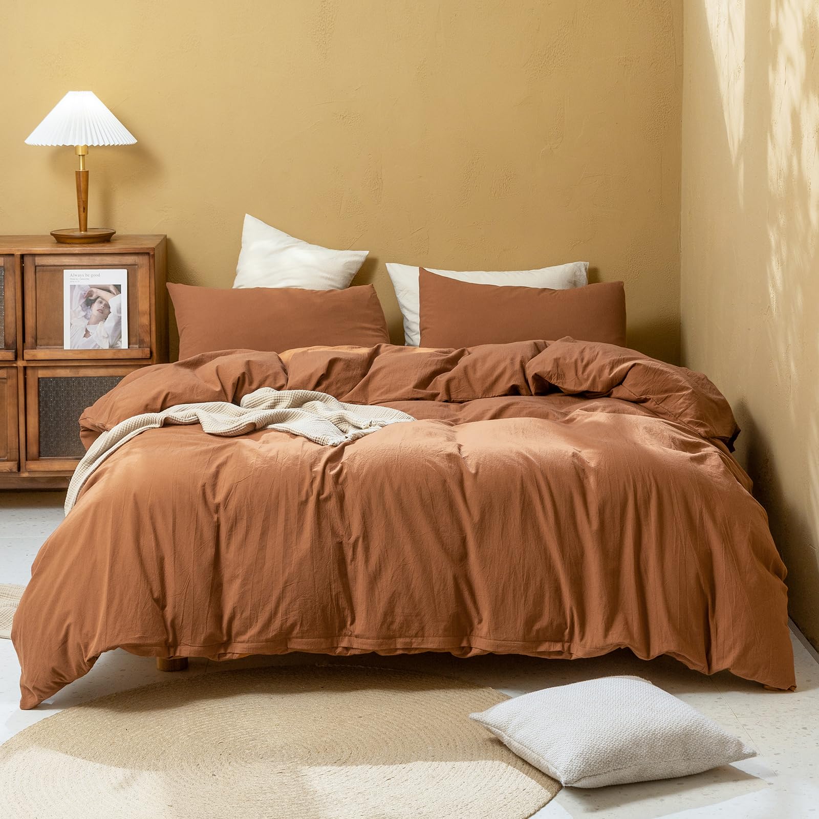 Photo 1 of FOSSA Linen Duvet Cover Set 100% Washed Cotton Linen Feel Super Soft Breathable Cozy Simple Style 3 Pieces Bedding Sets Solid Dark Orange Super King Plus