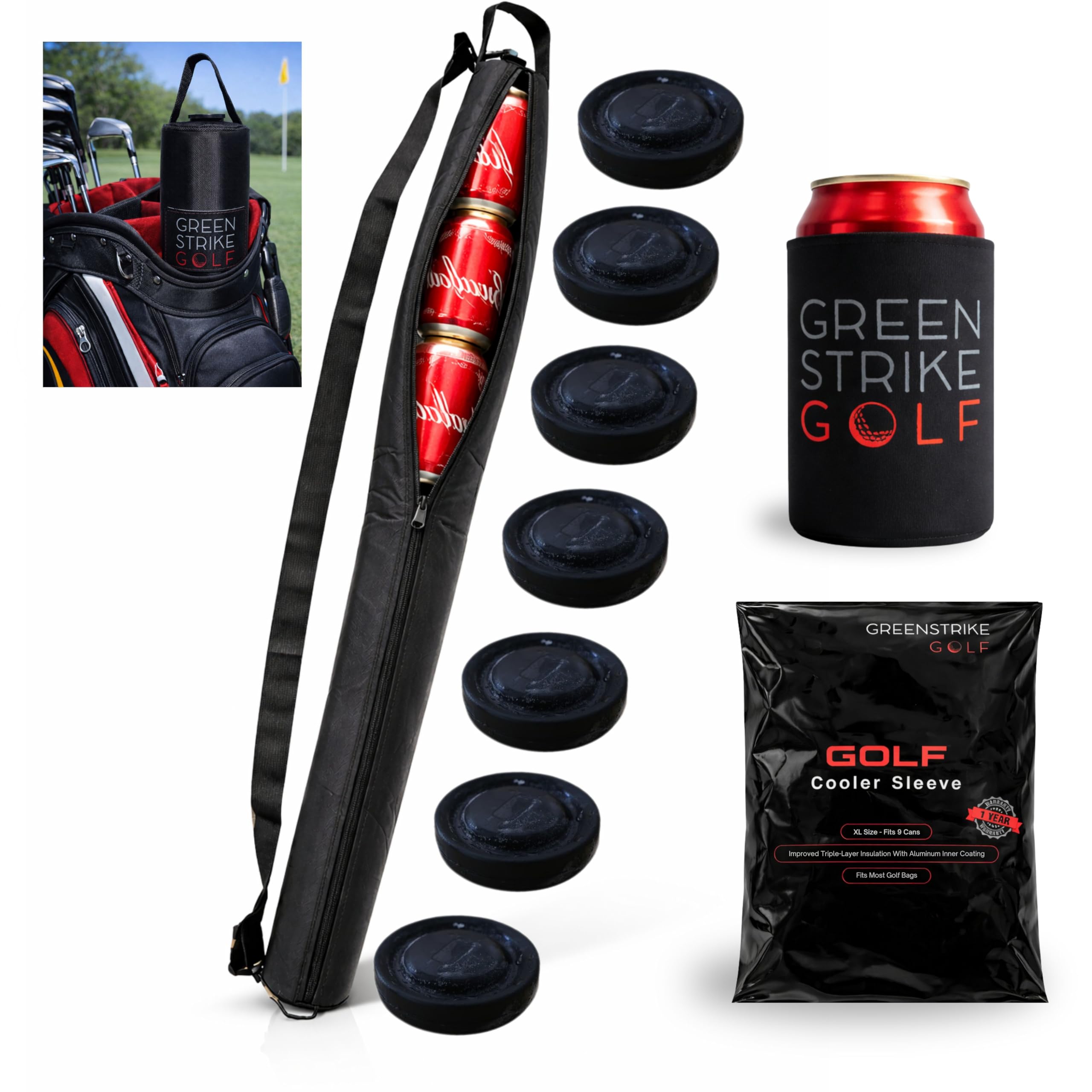 Super Large Golf Beer Sleeve for Golf Bag with 7 Reusable Cold Packs - XL-Size: 9 Cans Golf Cooler Bag - Great Golf Gift - Golf Bag Beer Cooler Sleeve Keeps Beverages Icy Cold for 8 Hours