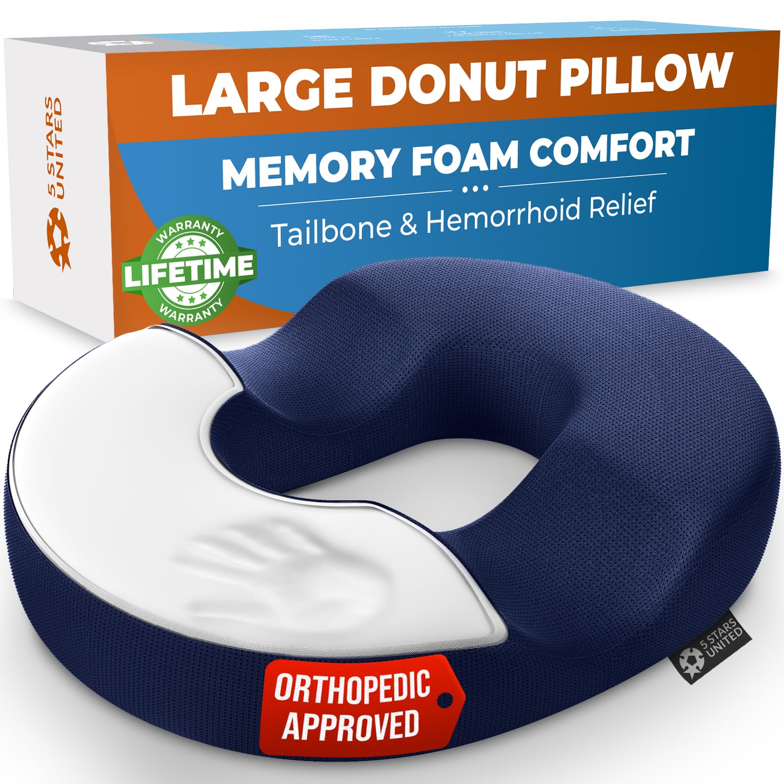 Photo 1 of 5 STARS UNITED Donut Pillow Hemorrhoid Tailbone Cushion – Large Cushion for Pain Relief – Coccyx, Prostate, Sciatica, Pelvic Floor, Pressure Sores, Pregnancy, Postpartum Recovery, Blue