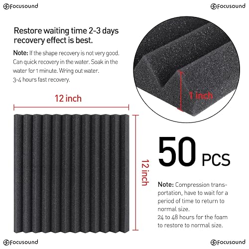 50 Pack Black Acoustic Foam Panels - Studio Sound Proofing Wedges For Walls & Ceiling