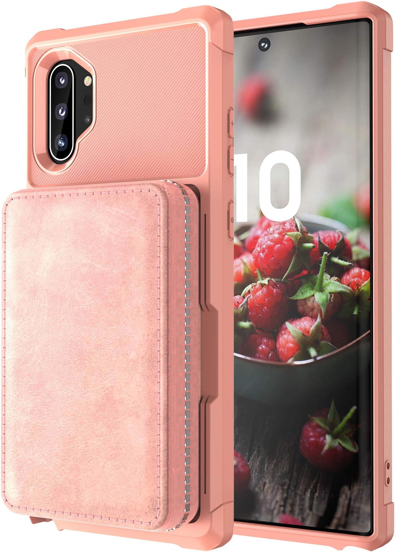 Samsung Galaxy Note 10+ 5G Note10 Plus Case,Leather Rose Red Wallet Card Zipper Credit Card Cash Slot Protective Cover Shockproof Shell Kickstand Men Women