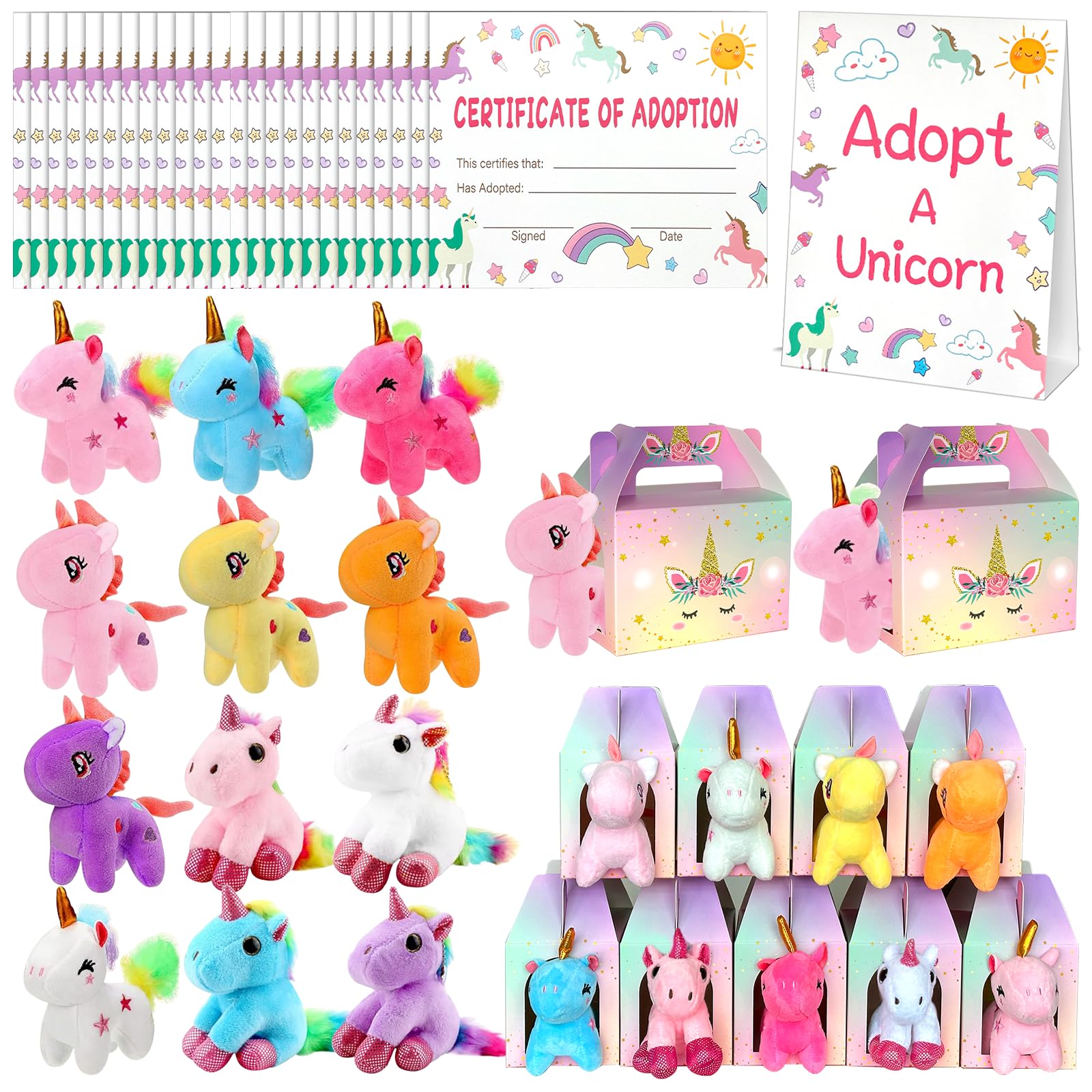 Photo 1 of 37 Pcs Adopt A Unicorn Party Favors Include 12 Mini Unicorns Stuffed Animals 12 Foldable Paper Boxes 12 Adoption Cards 1 Adoption Signs Mini Stuffed Animals Bulk for Adopt A Unicorn Animal Favors