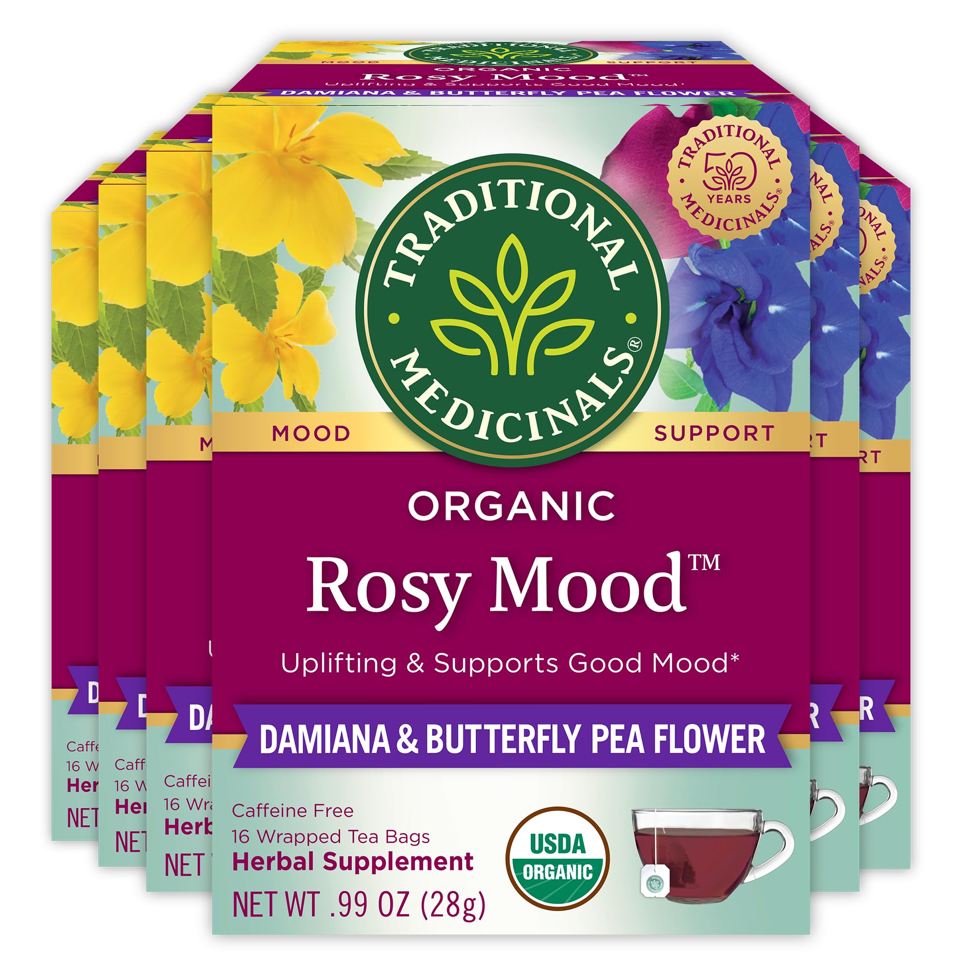 Traditional Medicinals Organic, Rosy Mood, Damiana & Butterfly Pea Flower - Uplifting Mood Support - Kosher, Non-GMO, Caffeine-Free, Compostable - 96 Tea Bags (6 Packs of 16) Image