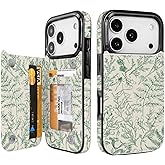 Obbii Compatible with iPhone 17 Pro Wallet Case with Card Holder, Back Flip Folio PU Leather Kickstand Card Slots Case for Women Girls, Double Magnetic Clasp Cover 6.3" (Green Floral)
