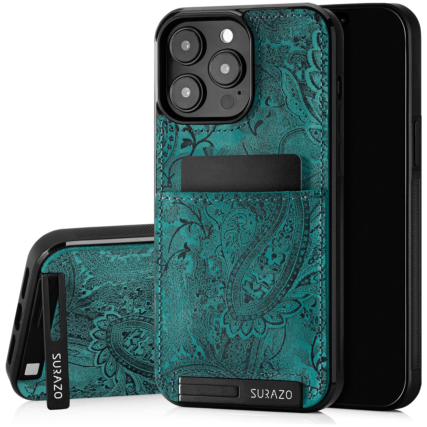 SURAZO Genuine Leather Back Case for iPhone 15 Pro Max - Shockproof Leather Case with Card Slot, Stand Function, Key Fob, Floral Slim Bumper Protective Cover — image 1