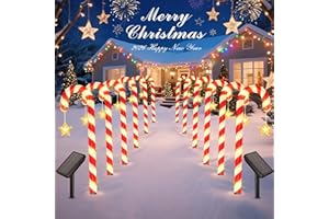 BOMIER Solar Christmas Lights Outdoor Waterproof: 24-Pack Solar Candy Cane Christmas Decorations Outdoor Pathway Lights with Stakes 10 Modes, 144 LED Xmas Decorations for Yard Garden Holiday Decor