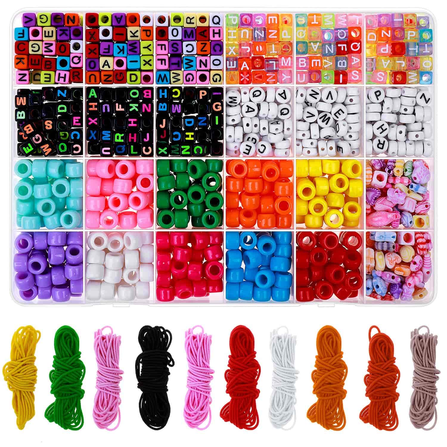 Shynek Pony Acrylic Beads Craft Kit with Letter Beads, 10 Rolls Colorful Elastic Bracelet String for DIY Jewelry Making