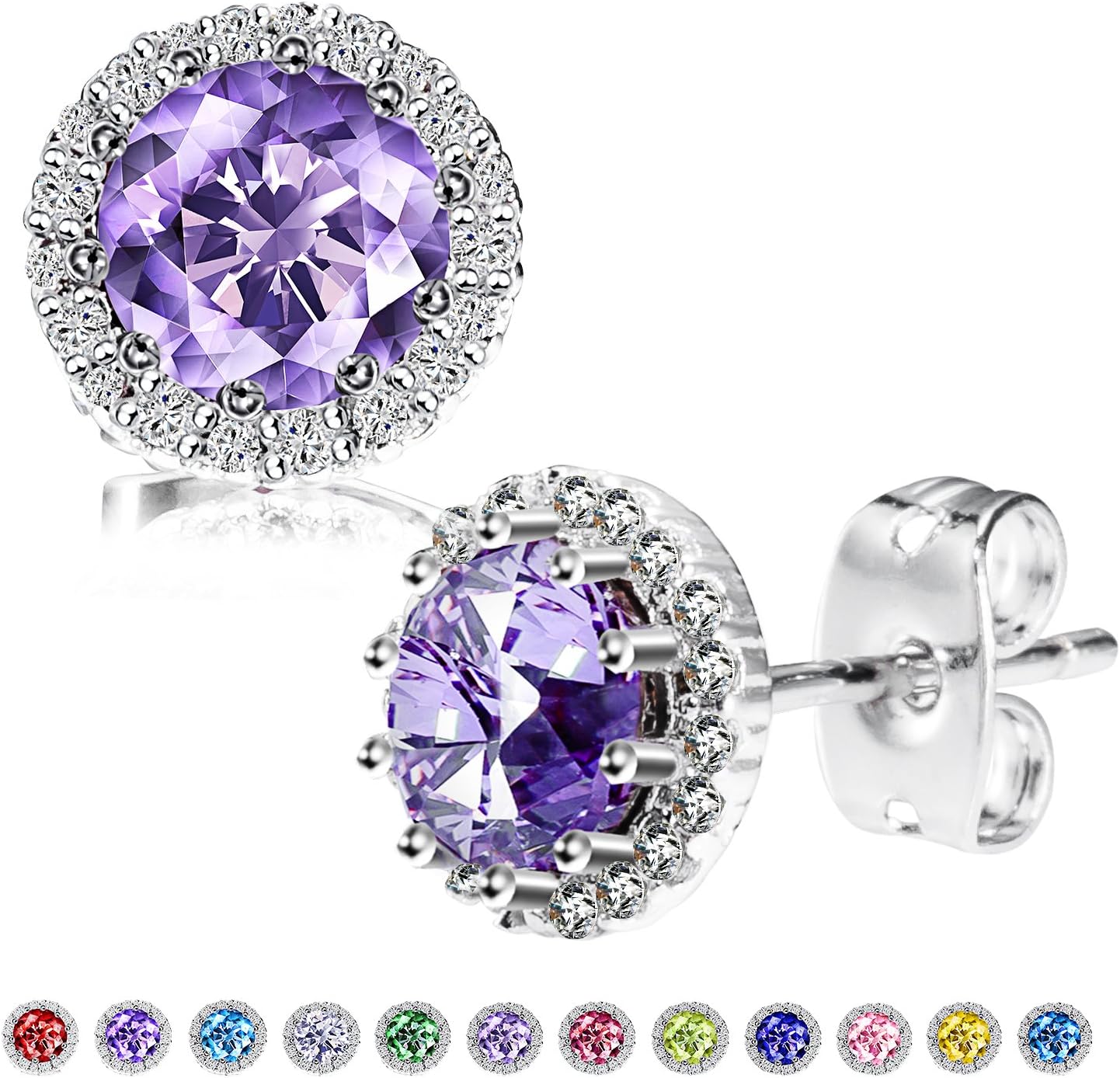 Birthstone Stud Earrings, Copper Plated Cubic Zirconia Earrings for Women Herinos