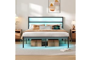 CLIBFENG Full Size Bed Frame with Headboard,Heavy Duty Steel Slats Support-LED Bed Frame with USB Charging Station,Mattress Foundation-Under Bed Storage,No Box Spring Needed,Noise Free，Black