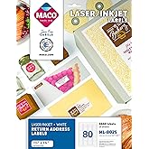 MACO Laser/Ink Jet White Return Address Labels, 1/2" x 1-3/4", 80 per Sheet, 2000 per Pack (ML-8025)