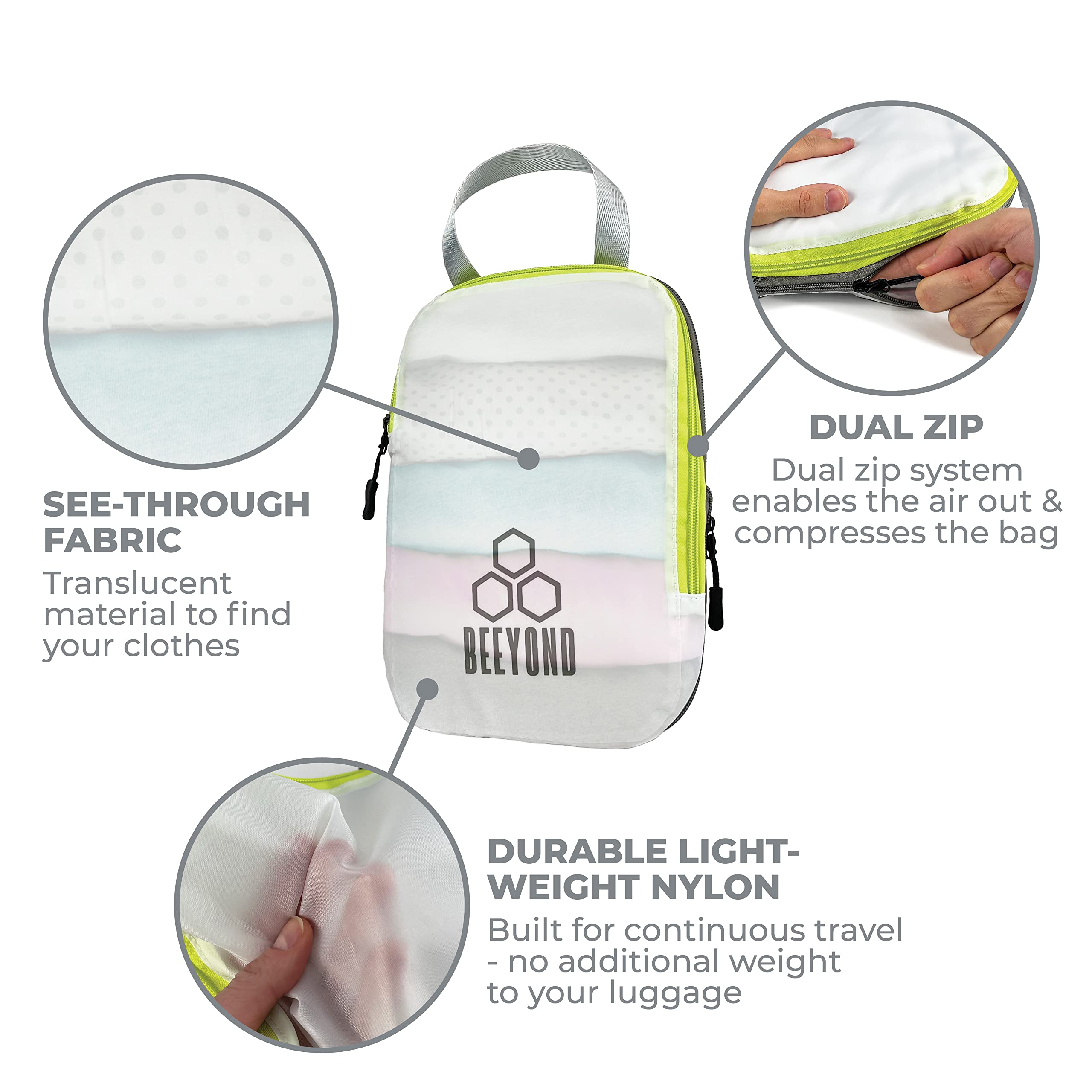 Beeyond Compression Packing Cubes Set - 6 Pieces for Travel and Luggage Organization, Includes Large & Small Cubes, Accessories Bag, and Laundry Bag