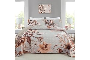 DRUCON Khaki Quilt Set King Size Bedding Set 3 Pieces Boho Floral Quilt Bedspread Soft Microfiber Lightweight Flower Coverlet Set with 2 Pillow Shams for All Season 90"x104"
