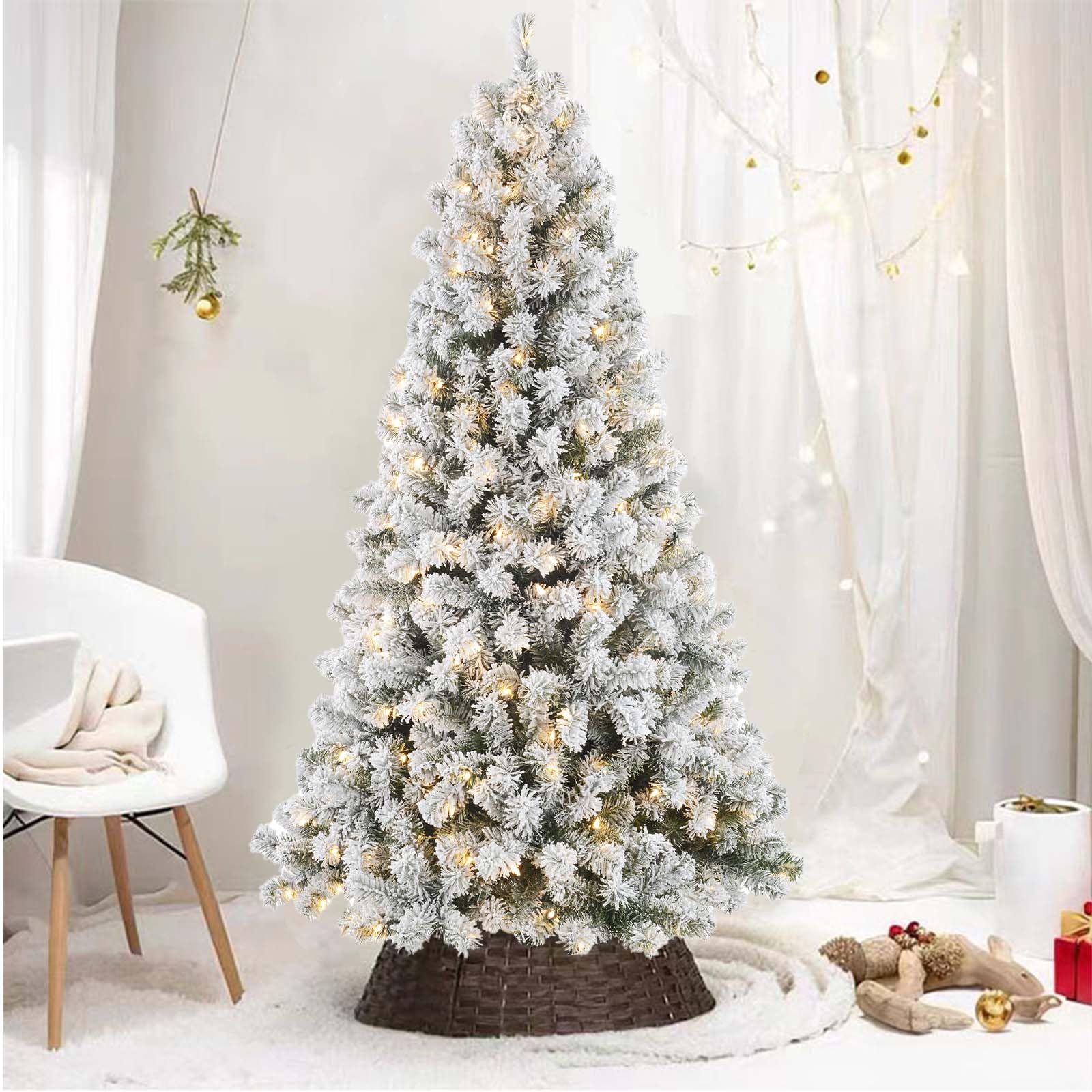 Photo 1 of 6ft Flocked Christmas Tree with 250 Warm White Lights, Frosted Artificial Tree with 820 Snowy Branch Tips, Metal Stand & Foldable Base - Ideal for Home, Office, Party, or Holiday Decor