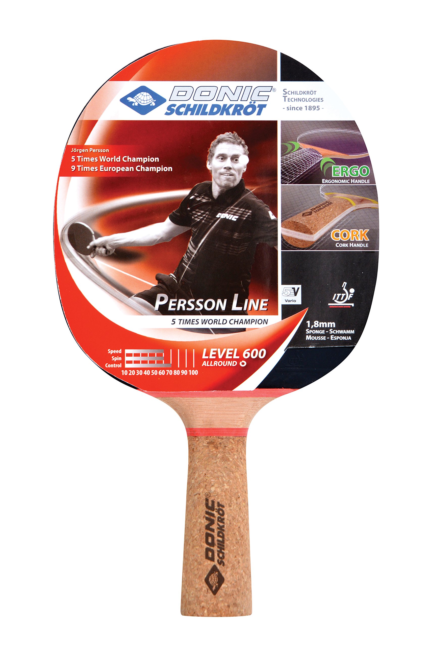 Donic-Schildkröt Persson 600 Table Tennis Bat, Cork Handle, 1.8 mm Sponge, Prestige Pad - ITTF, 728461