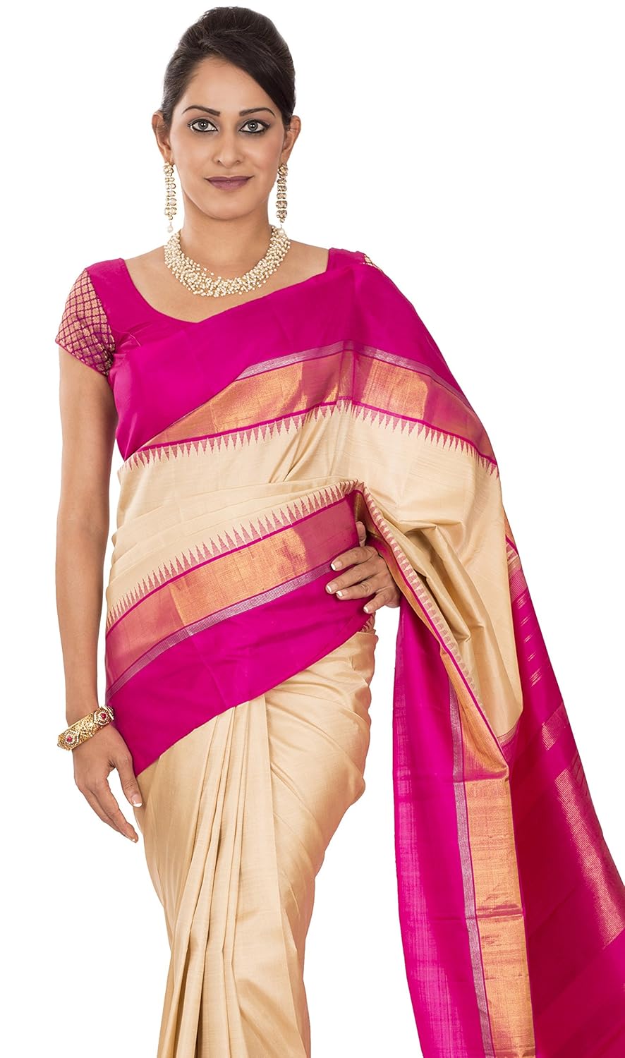 sandal colour saree with pink border