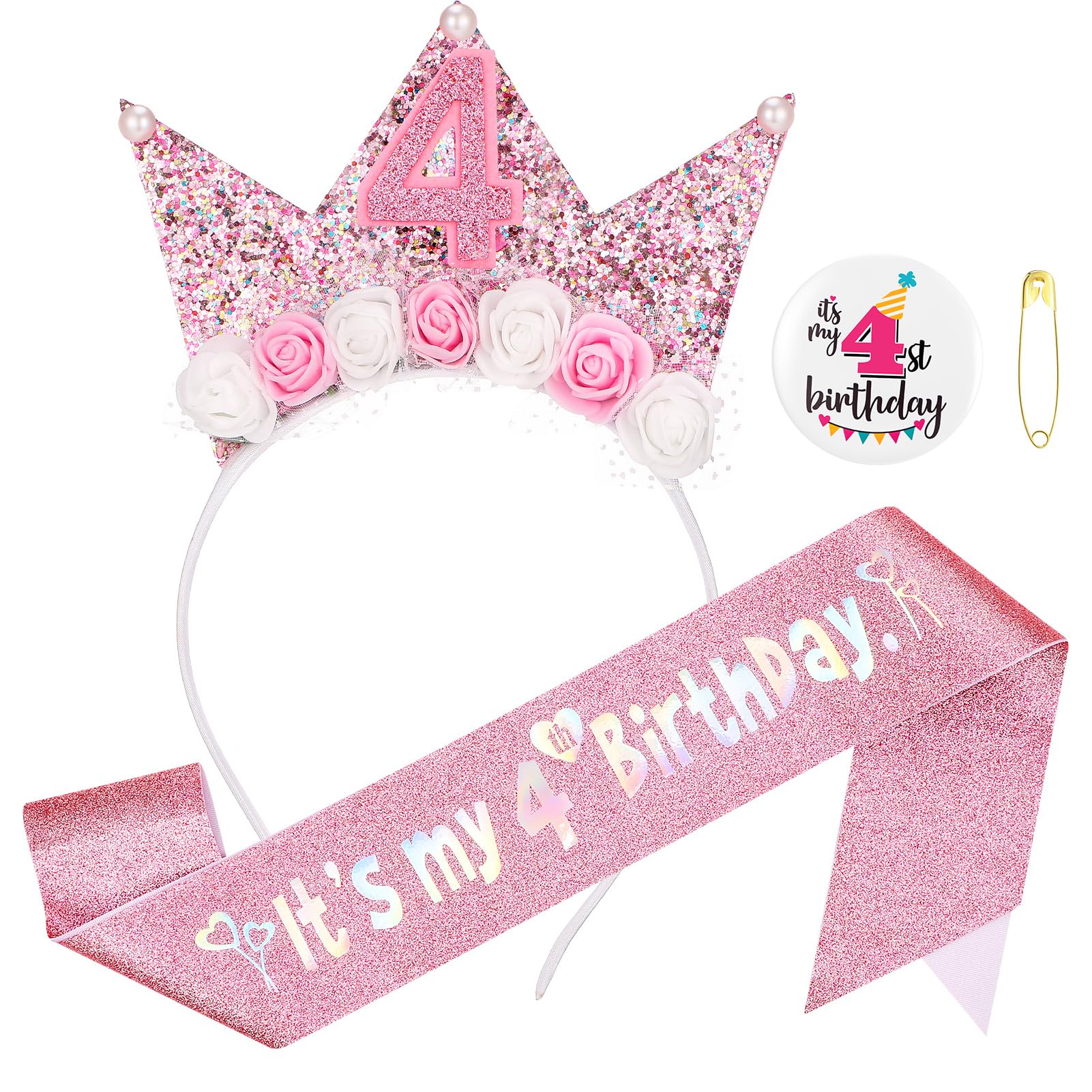 GSrenyu 4th Birthday Decorations for Girls,Headband Glitter Sash and Badge Set for 4 Year Old Girls Birthday Decorations,Flower Princess Crown Headband โ image 1