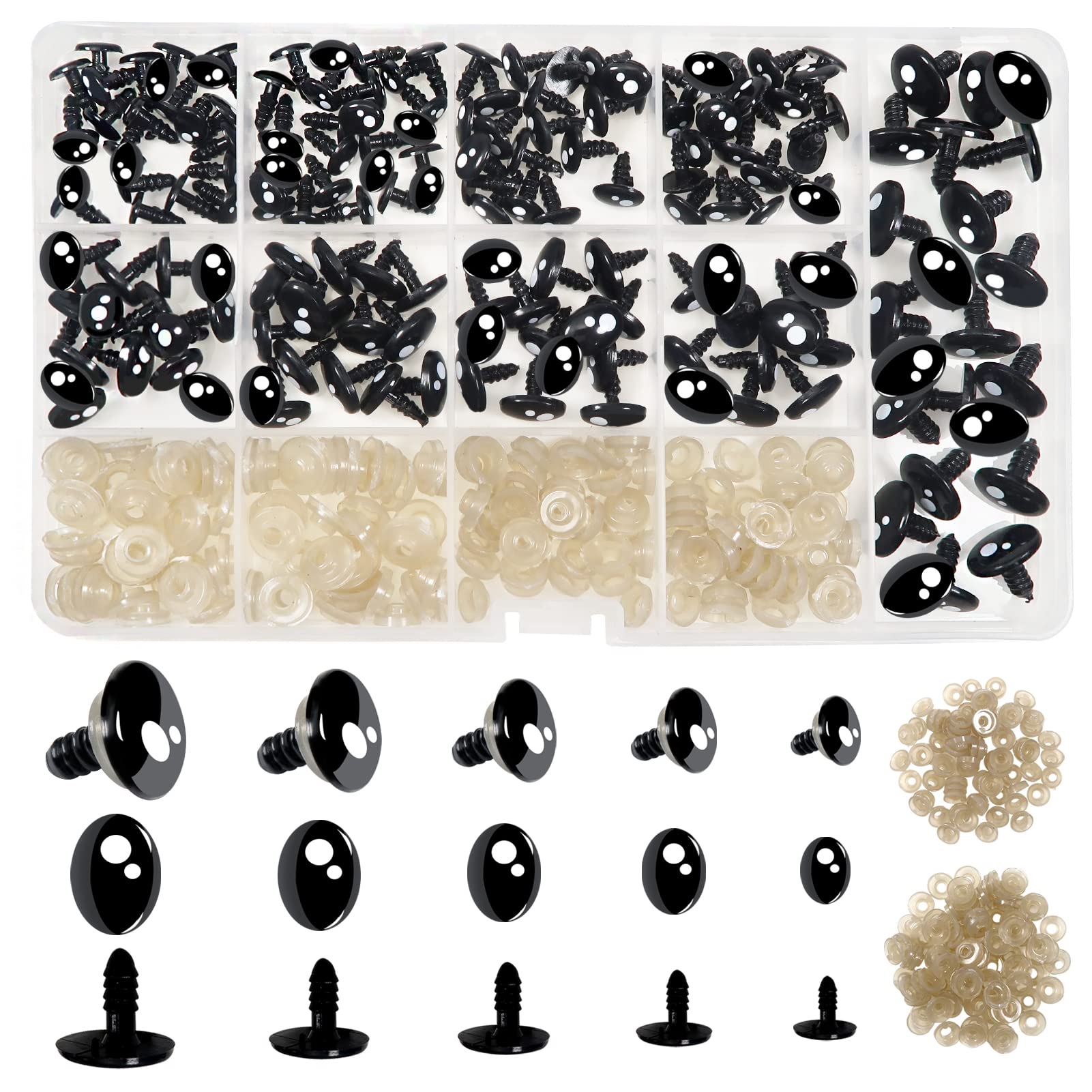 TOAOB 150 PCS Oval Safety Eyes for Crochet Dolls Black 8 to 16mm Crochet Eyes Amigurumi Eyes Resin Eyes for Doll Making DIY Craft Plush Animals