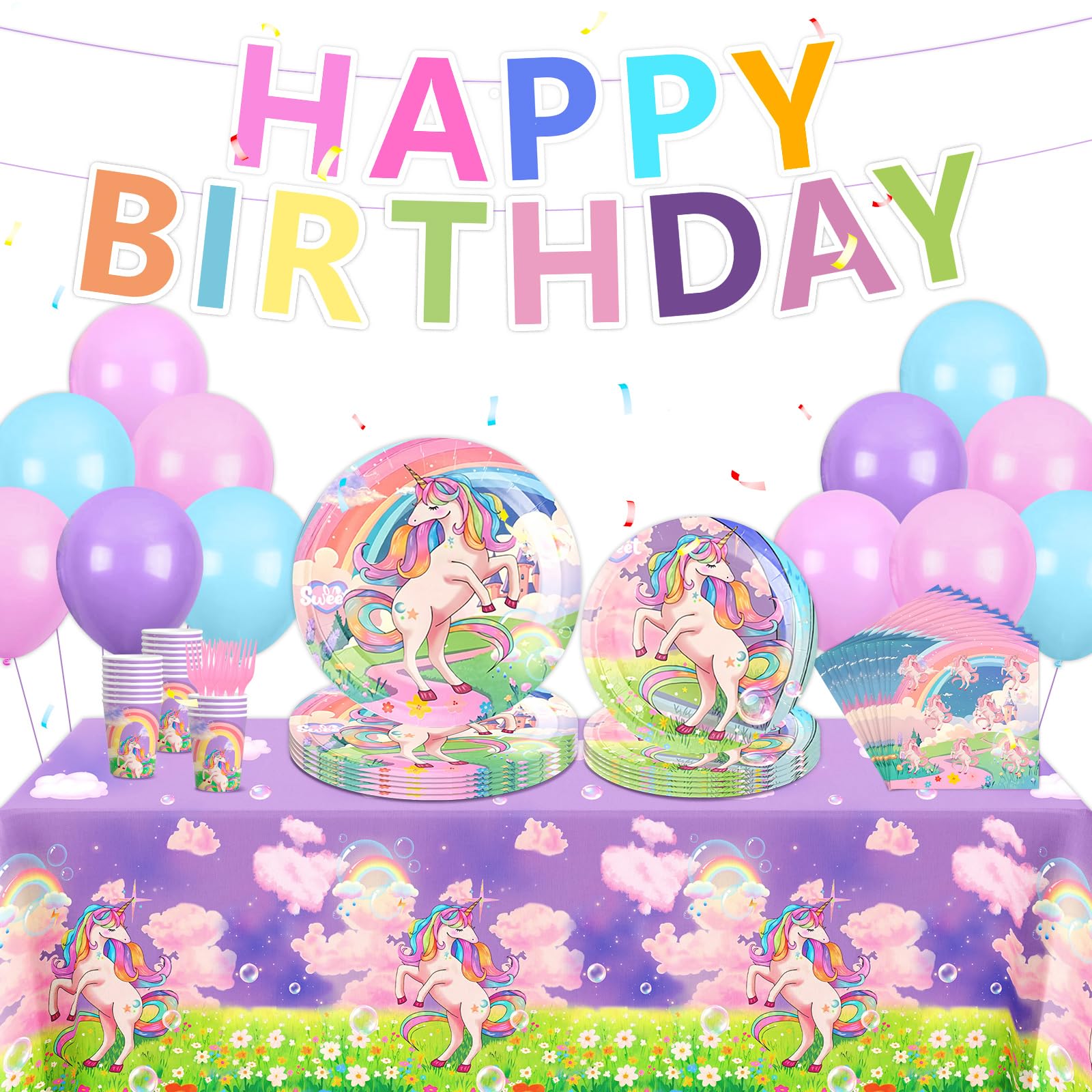 Photo 1 of 134Pcs Unicorn Party Supplies Cute Decorations for Birthday, Unique Theme Party Favors Including Banner,Thicker Plates, Cups, Napkins, Baloon and Tablecloth for 24 Guests