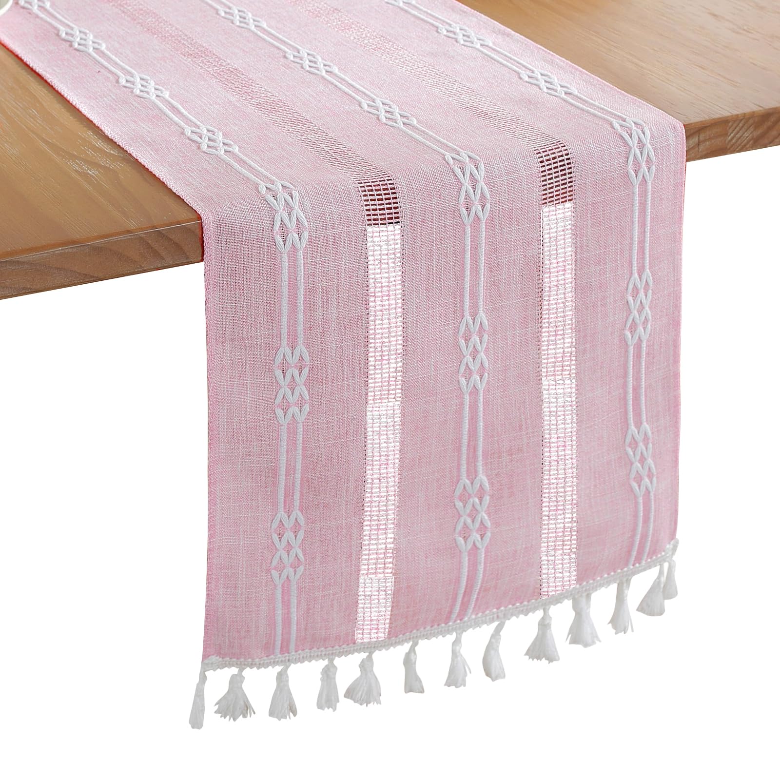 Bigqin Boho Table Runner with Tassels, 183x33cm/72"x13" Table Decoration, Linen Beige Table Runner Tablecloth for Home Wedding Decoration, Pink