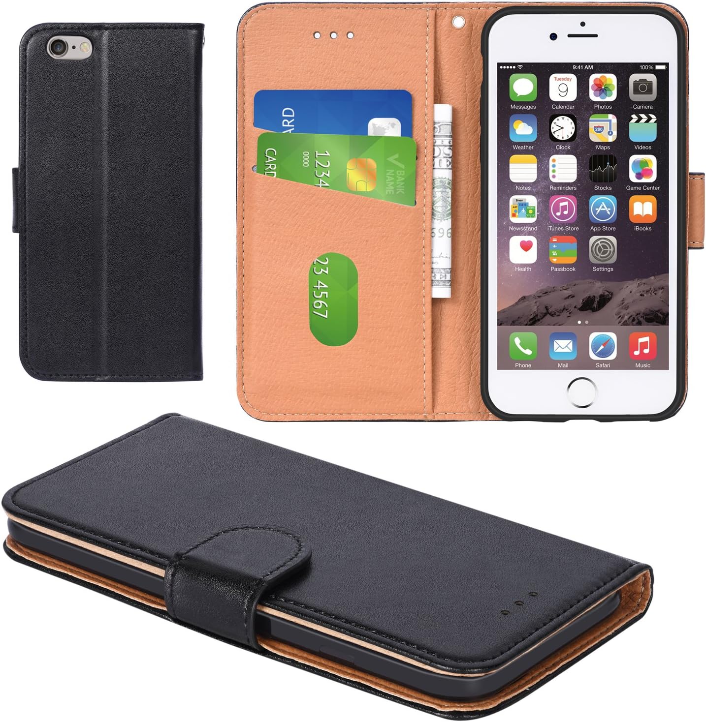 Aicoco Leather Case for Apple iPhone 6 and iPhone 6S Flip Wallet Phone Case - Black