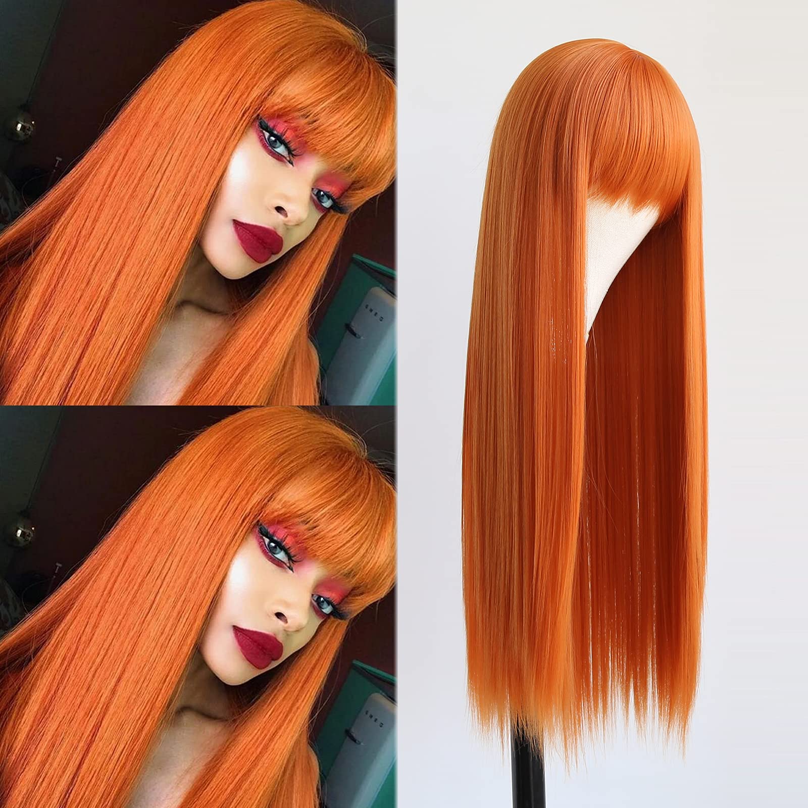 Towarm Orange Ginger Long Straight Wig With Bangs and Fringe - Natural Fashion Heat Resistant Ladies Full Wig for Cosplay and Daily Wear (Straight)