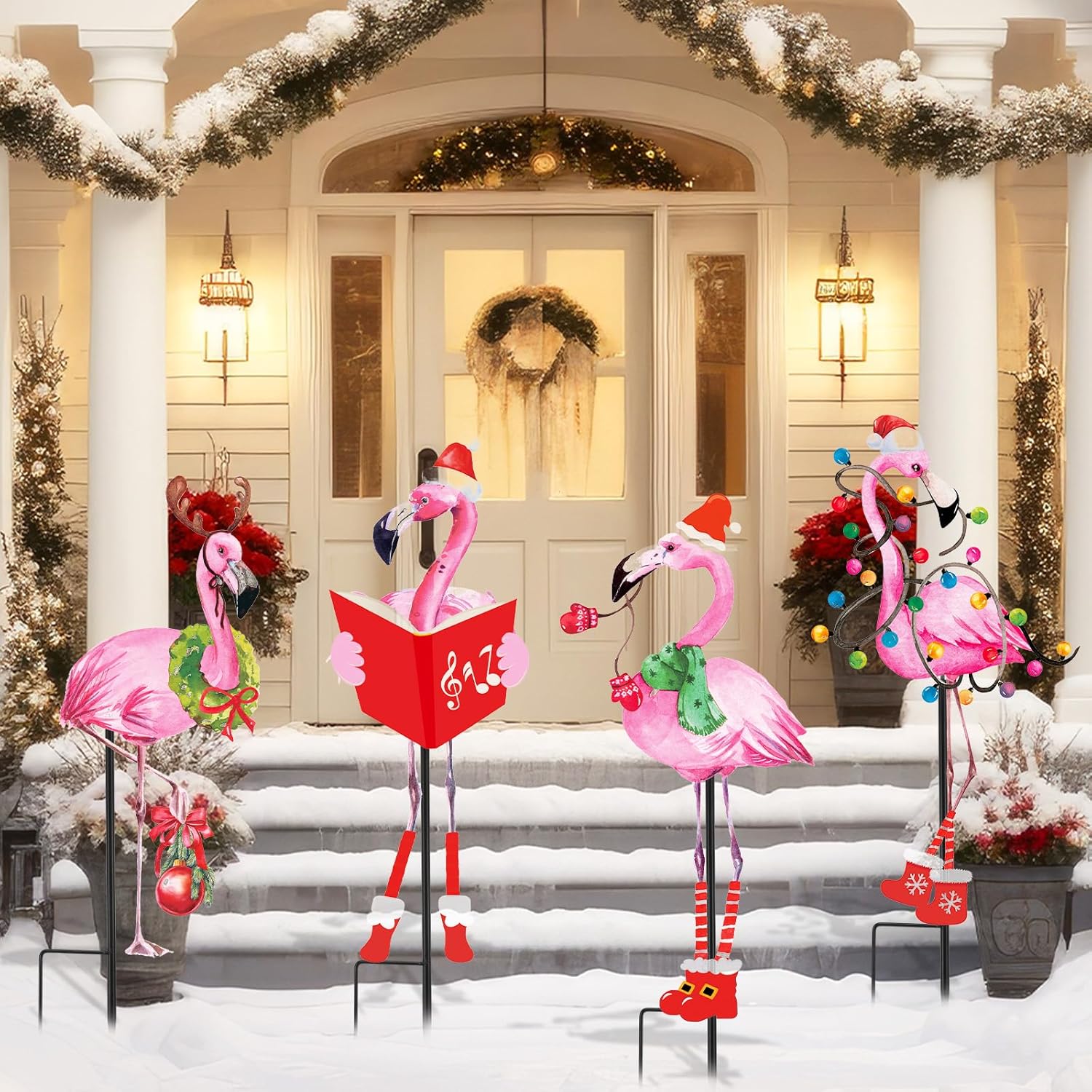 Decorative Garden Stakes - Soaoo 4 Pcs Christmas Caroling Flamingos Yard Decor Sturdy Weatherproof Metal Pink Flamingo Yard Stakes Ornaments for Outdoor Indoor Lawn Patio Garden Holiday Xmas Party Decor