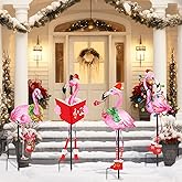Soaoo 4 Pcs Christmas Caroling Flamingos Yard Decor Sturdy Weatherproof Metal Pink Flamingo Yard Stakes Ornaments for Outdoor Indoor Lawn Patio Garden Holiday Xmas Party Decor