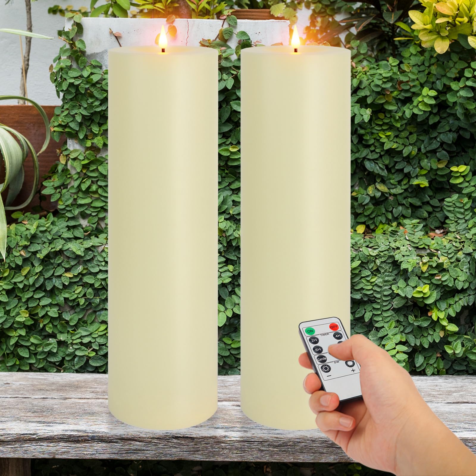 Photo 1 of Warmhere 14" x 4" Large Outdoor Candles with Timer Waterproof, Remote Control Flickering Flameless Candles Battery Operated, Tall Fake LED Pillar Candle for Patio Porch Lantern, Ivory, 2 Pack