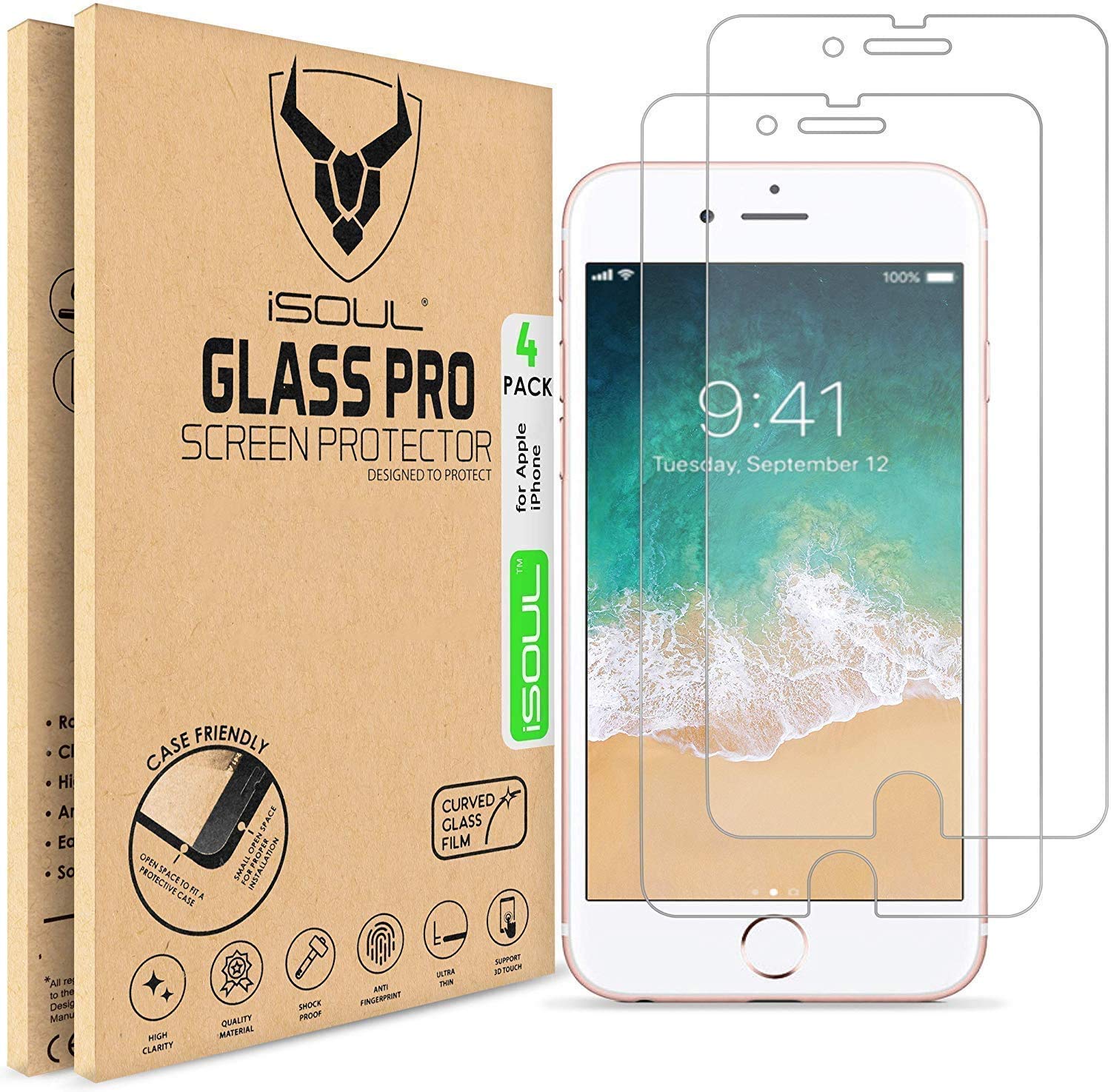 iSOUL [4 Pack] Screen Protector for Apple iPhone 8 Plus, iPhone 7 Plus Tempered Glass Film 9h HD, 0.26mm Premium Shatterproof Protection 5.5" Inch [Easy Installation] [3D Touch] [Ultra Strong]