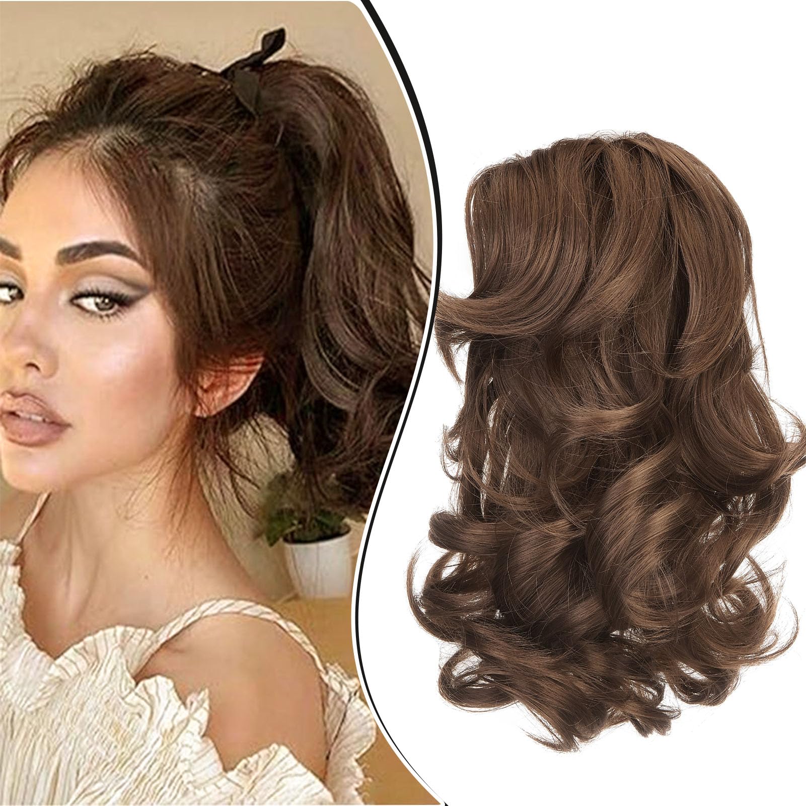 Dcbaboo Short Ponytail Extension Curly 12inch Claw Clip in Ponytail Hair Extensions Long Wavy Synthetic Pony tails Natural Wave One Piece Hairpiece Fake Ponytail for Women, Dark Brown/Dark Auburn
