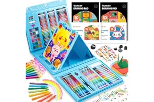 Shuttle Art 335 Piece Kids Art Set, Multi-Media Art Supplies, Gift Art Kit with Trifold Easel, 2 Drawing Pads, 2 Coloring Books, Oil Pastels, Crayons, Watercolors, Markers, Colored Pencils (Blue)