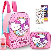 Hello Kitty and Friends Backpack and Lunch Bag - Bundle with 16” Sanrio Backpack Featuring Kuromi Plus Lunch Box, Water Bottle, Stickers, More | Hello Kitty and Friends School Bag Set