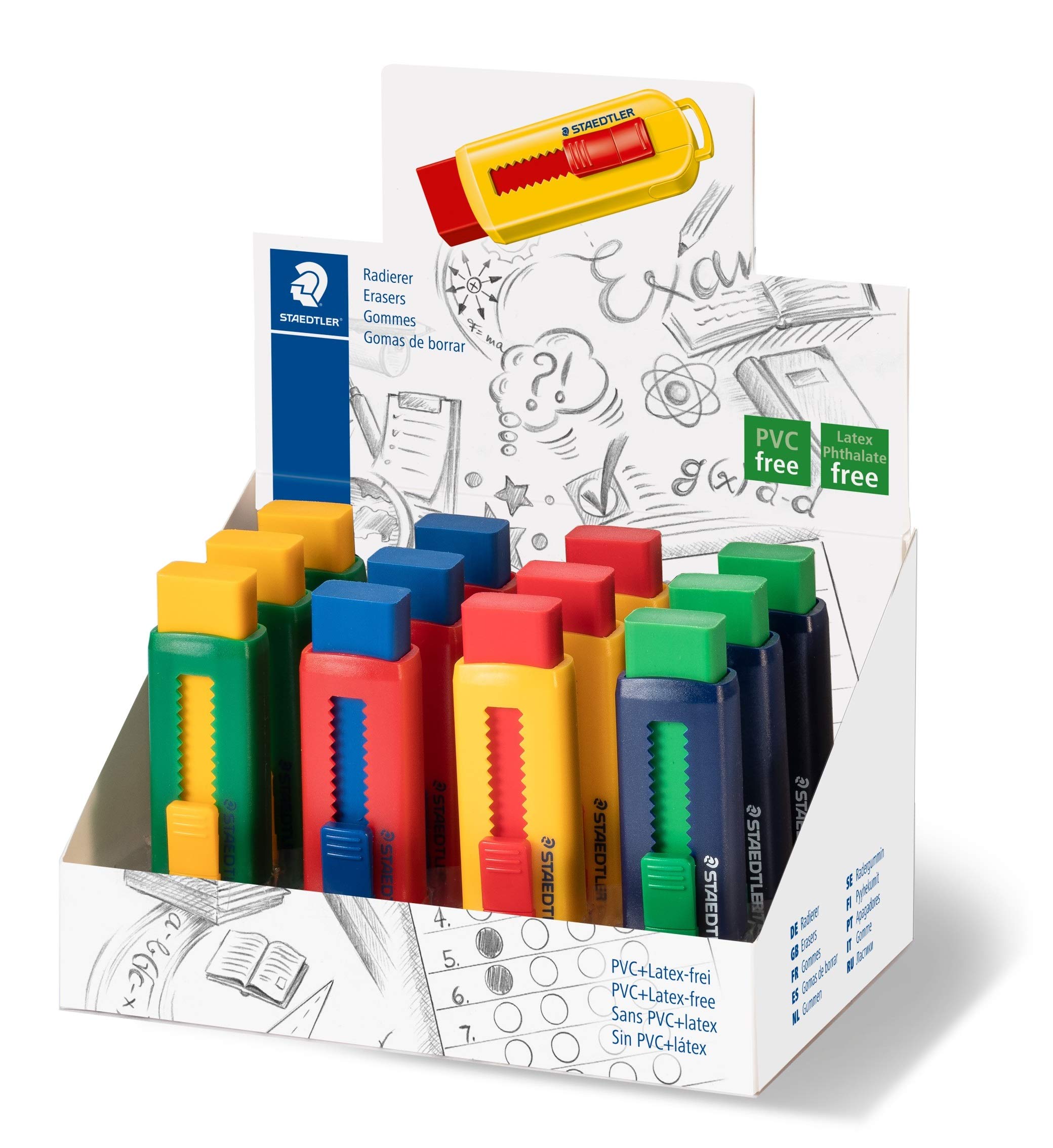 STAEDTLER 525 PS1 S PVC-Free Eraser Assorted Colors, Pack of 12 with Sliding Plastic Sleeves