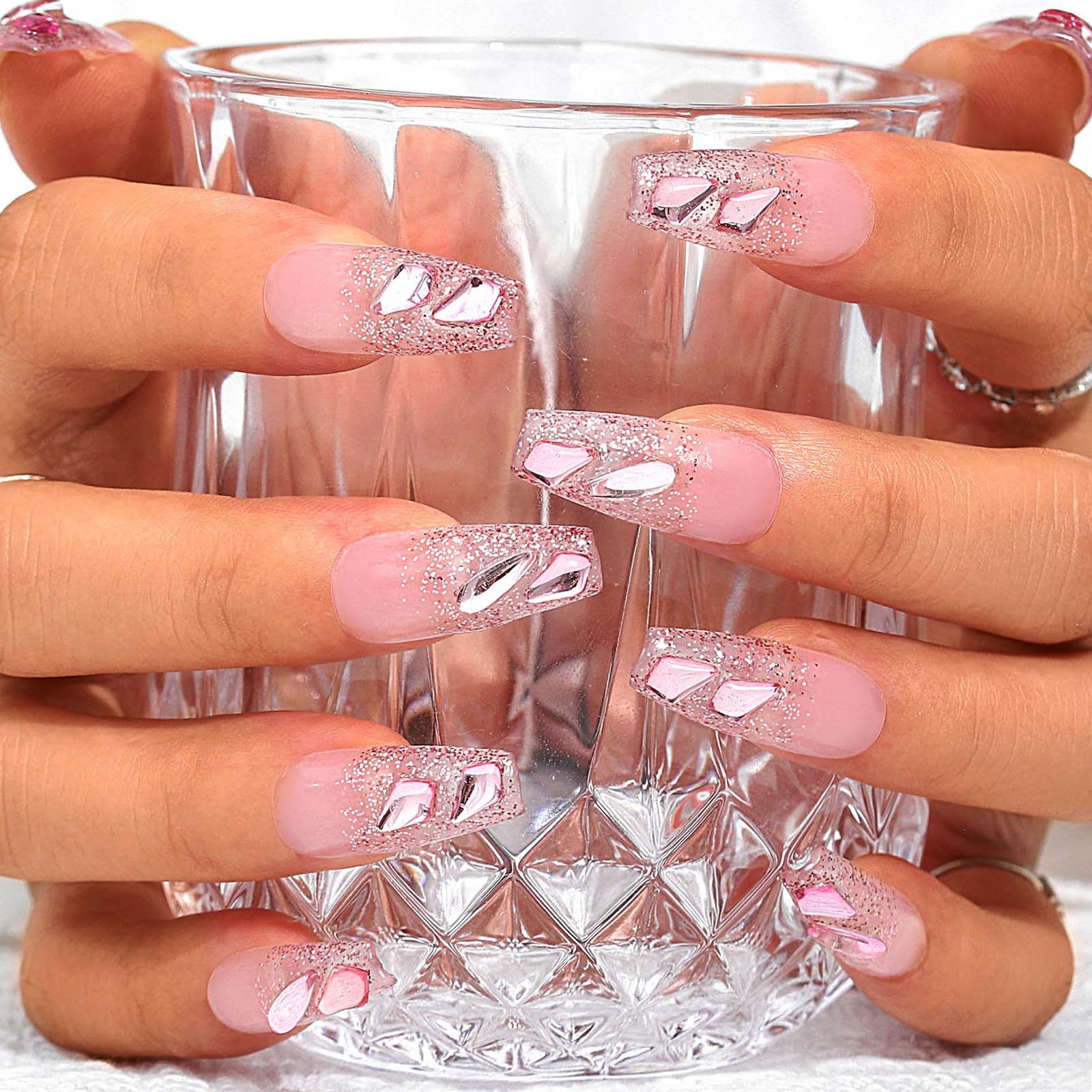 Sethexy Long Coffin Handmade Pink False Nails Rhinestone Glitter Fake Nails with Design Glossy Acrylic Salon Press On Nails for Women and Girls (D)
