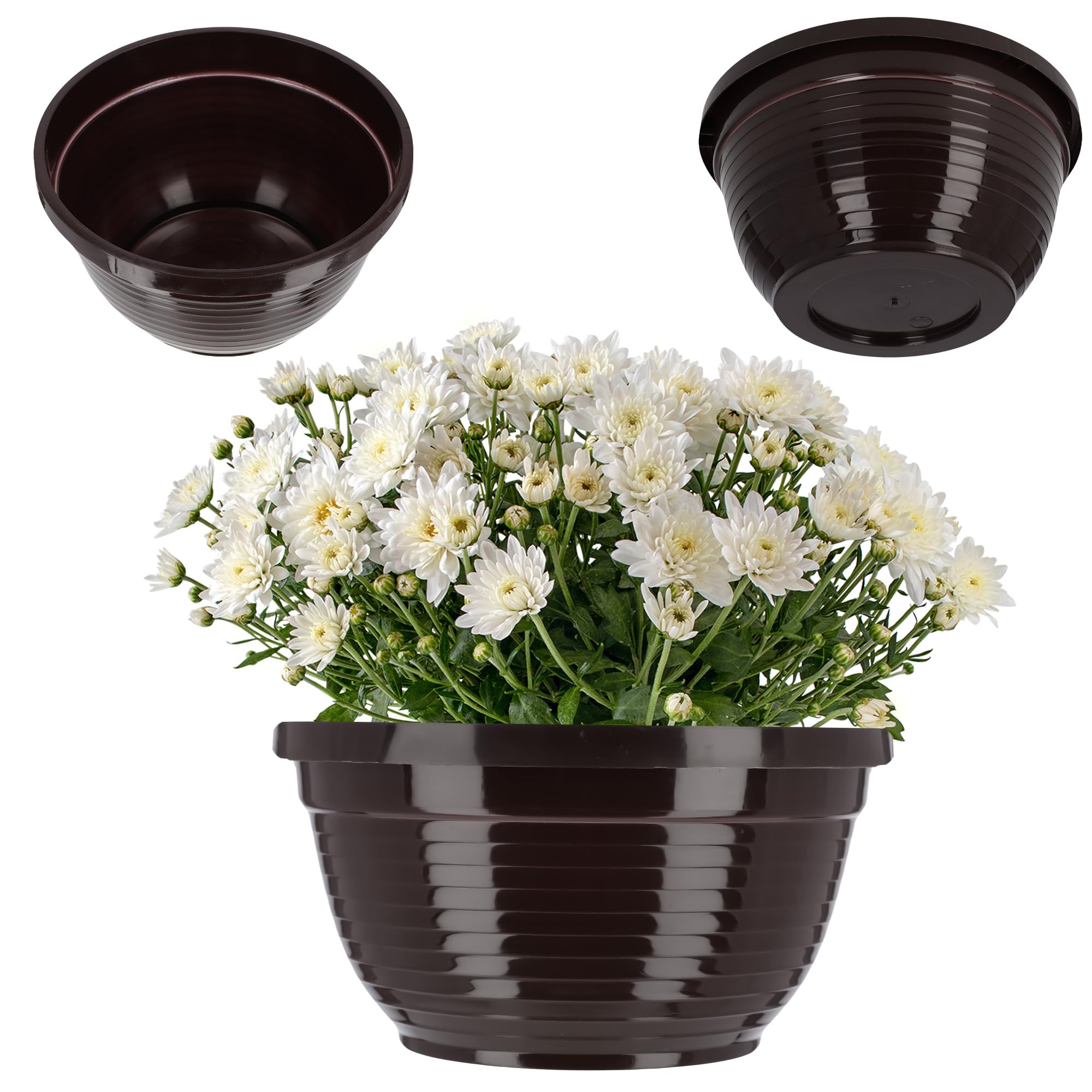 KADAX Flower Bowl, Weatherproof Plastic Plant Pot, Outdoor Planter in Several Colours, Round Plant Bowl for Cemetery, Wide Flower Pot in Various Sizes (⌀26cm, Brown)