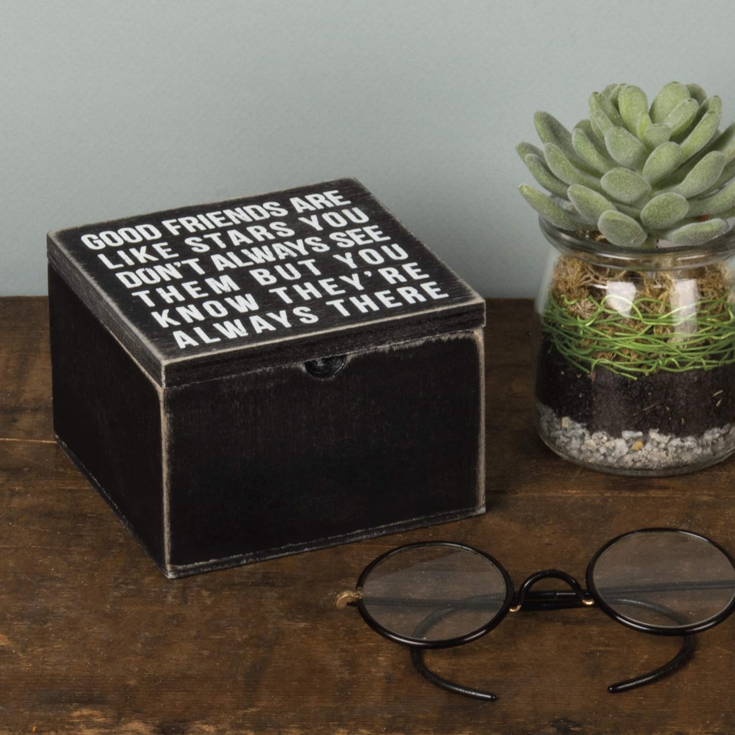 Primitives by Kathy 18192 Classic Hinged Wood Box, 4 x 4 x 2.75-Inches, Good Friends Are Like Stars: Home & Kitchen